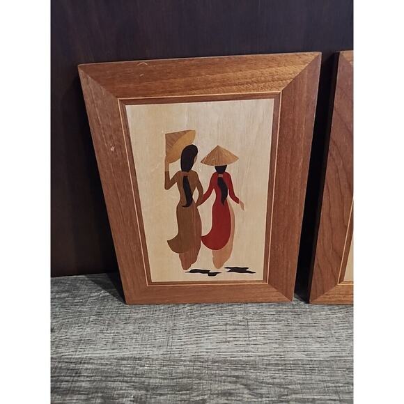 VINTAGE Asian women Friends WOOD INLAY MARQUETRY Pair Set Small Framed Wall Art - Picture 4 of 7